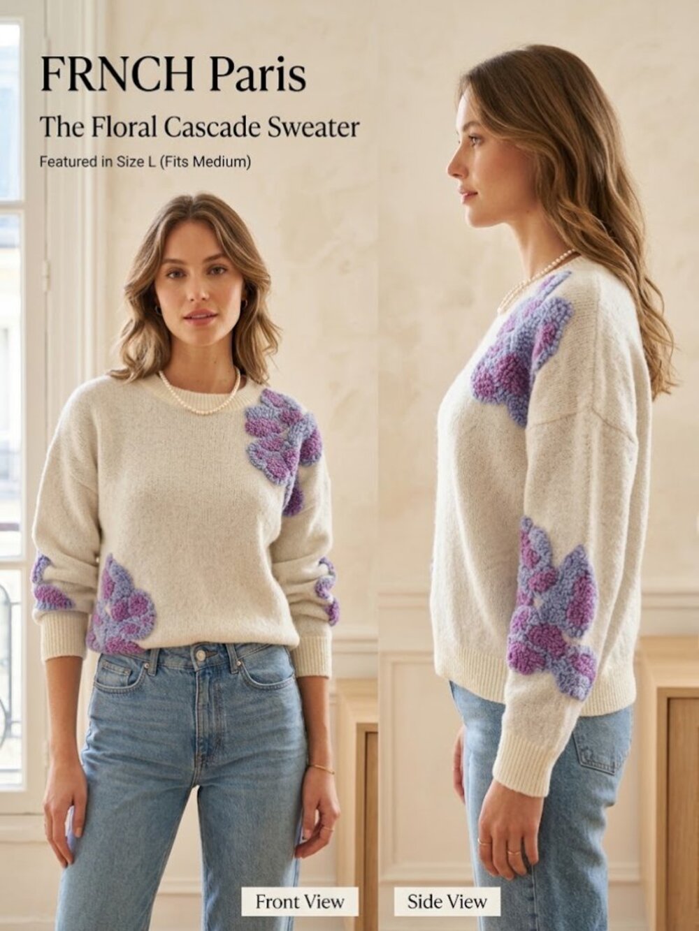 FRNCH Paris White Purple Floral Design Knit Sweater - Size Large Fits Medium